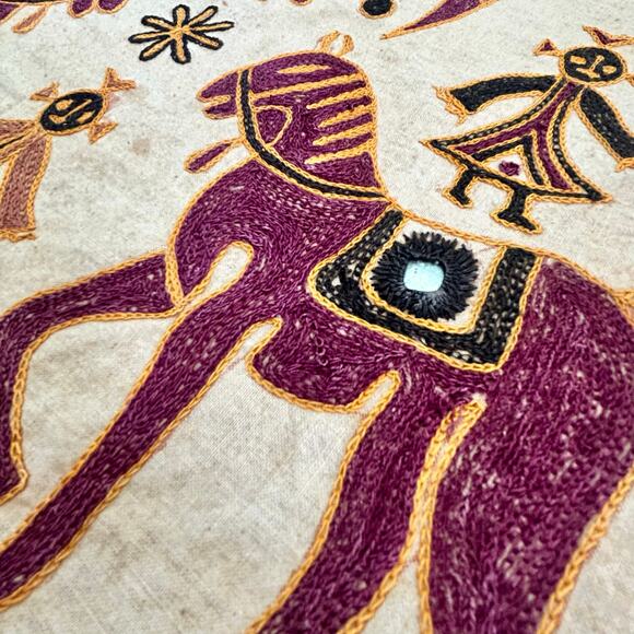 Vintage Indian Kantha Embroidered Tapestry – Elephants, Horses & Folk Motifs - Picture 6 of 14
